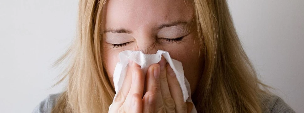 Niesende Frau, die sich ein Taschentuch vor die Nase hält