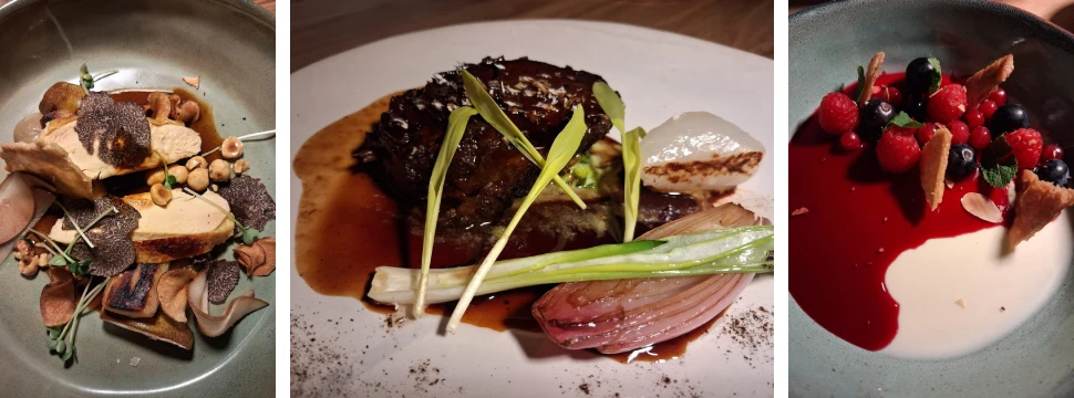 Collage: Gamefish Crudo, Braised Ox Cheek und Lemon Posset vom Chefs Warehouse