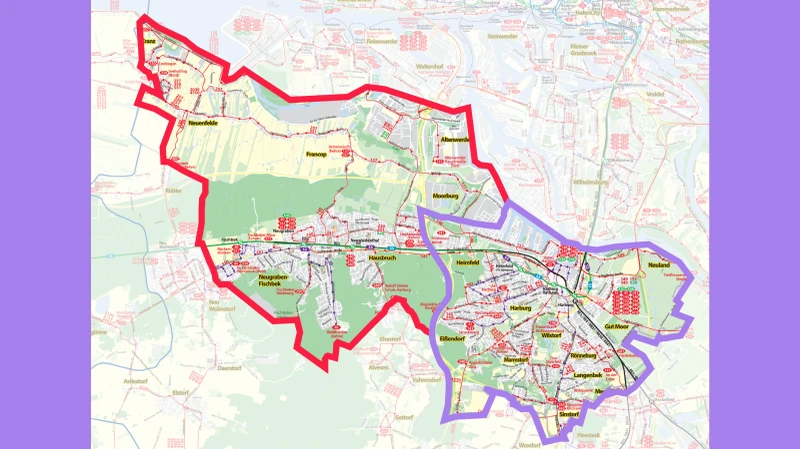 Übersicht zum hvv hop Bedienungsgebiet in Harburg