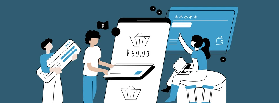 Drei Personen interagieren mit E-Commerce-Geräten, Smartphone zeigt Warenkorb mit 99,99 Dollar Preis.