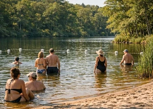 Diverse Menschen sitzen und stehen in einem Badesee