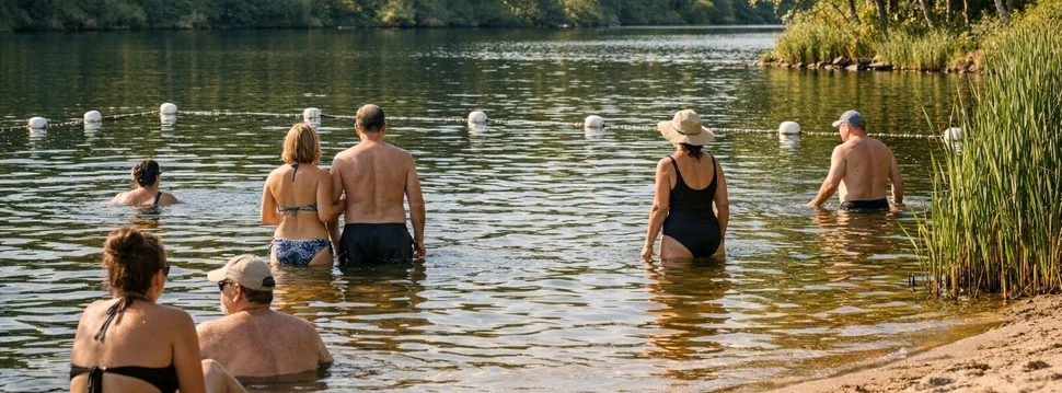 Diverse Menschen sitzen und stehen in einem Badesee