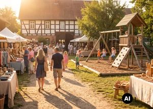 Mehrere Menschen laufen an Ständen vorbei, Kinder spielen auf einem Spielplatz (KI-generiert)