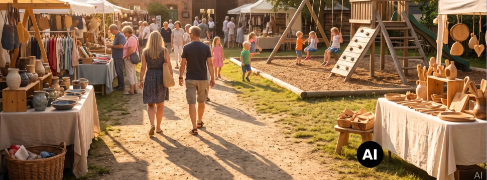 Mehrere Menschen laufen an Ständen vorbei, Kinder spielen auf einem Spielplatz (KI-generiert)