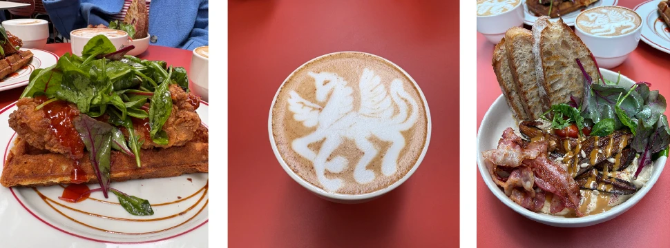 Collage: Dirty Chai mit Einhorn, Hot Chick / Waffeln mit frittiertem Hähnchen, Hummus Toast