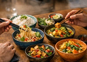 mehrere Schalen mit asiatische Bowls auf einem Holztisch, zwei Hände essen mit Stäbchen