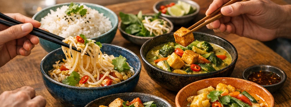 mehrere Schalen mit asiatische Bowls auf einem Holztisch, zwei Hände essen mit Stäbchen