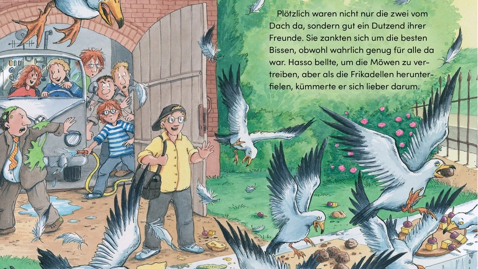 Buchinnenseite mit Illustrationen von Möwen und Kindern