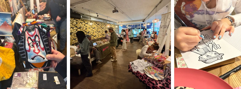 Collage: Furoshiki Tücher, Blick in den Nippon Market, Live-Zeichnen mit Lara Vivid