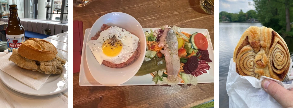 Collage: Fischbrötchen mit Knolle, Labskaus und Franzbrötchen
