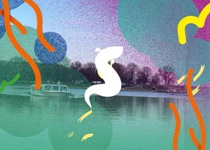 Das KLIMASTRÖME Festival Wissenschaft, Kunst und Naturschutz auf einzigartige Weise. Grafisch dargestellter weißer Aal vor einem verpixelten Bild der Alster mit Alsterdampfer
