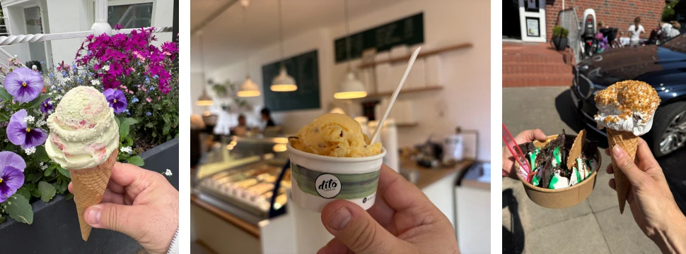 Collage: Matcha-Himbeere in der Waffel, Sonnenröschen im Becher, Heidelbeer in der Waffel und Minze im Becher