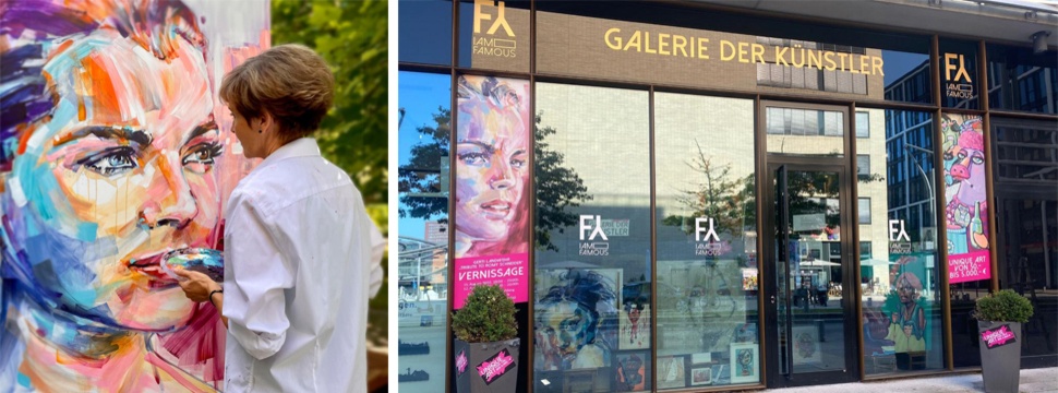 Links: Gerti Landwehr und eines ihrer Portraits von Romy Schneider, © Gerti Landwehr; Rechts: Schaufenstergestaltung, © FY I AM FAMOUS Künstlergalerie