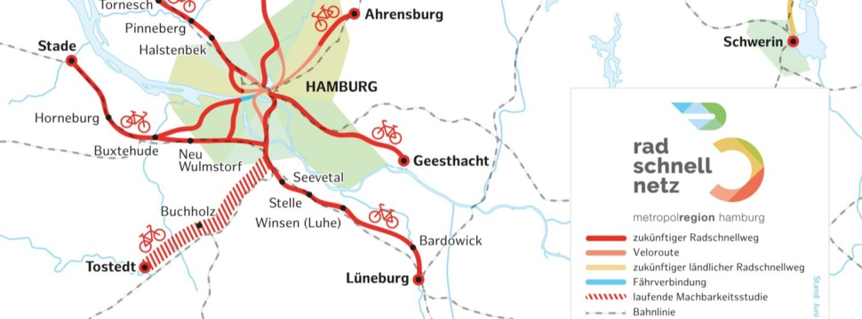 Übersichtskarte Radschnellnetz, © Karte: Metropolregion Hamburg; Daten: OpenStreetMap, Lizenz ODbL 1.0